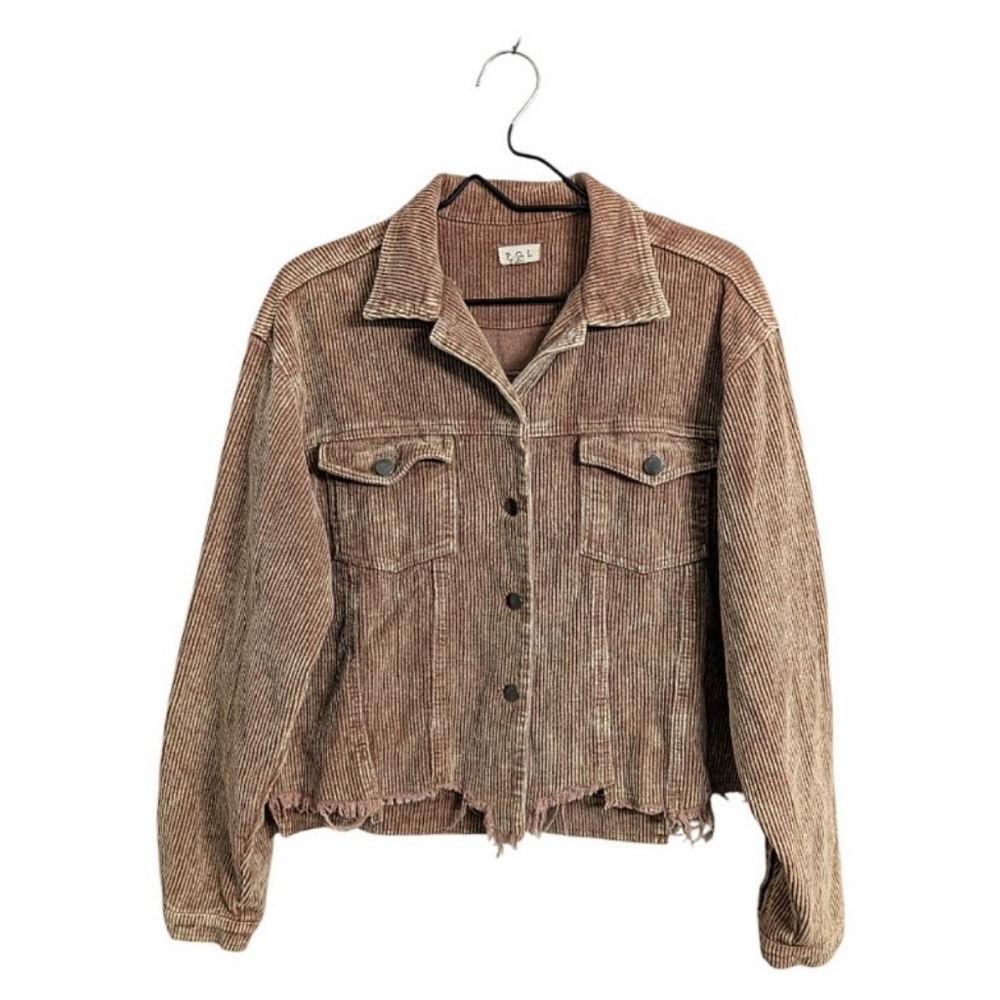 POL Women's Brown Acid Washed Corduroy Jacket Oversized Crop Frayed Distressed S